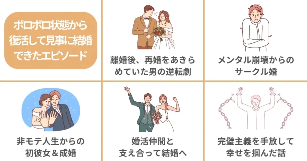 【体験談】ボロボロのメンタル状態から復活して見事に結婚できた男性5名のエピソード
