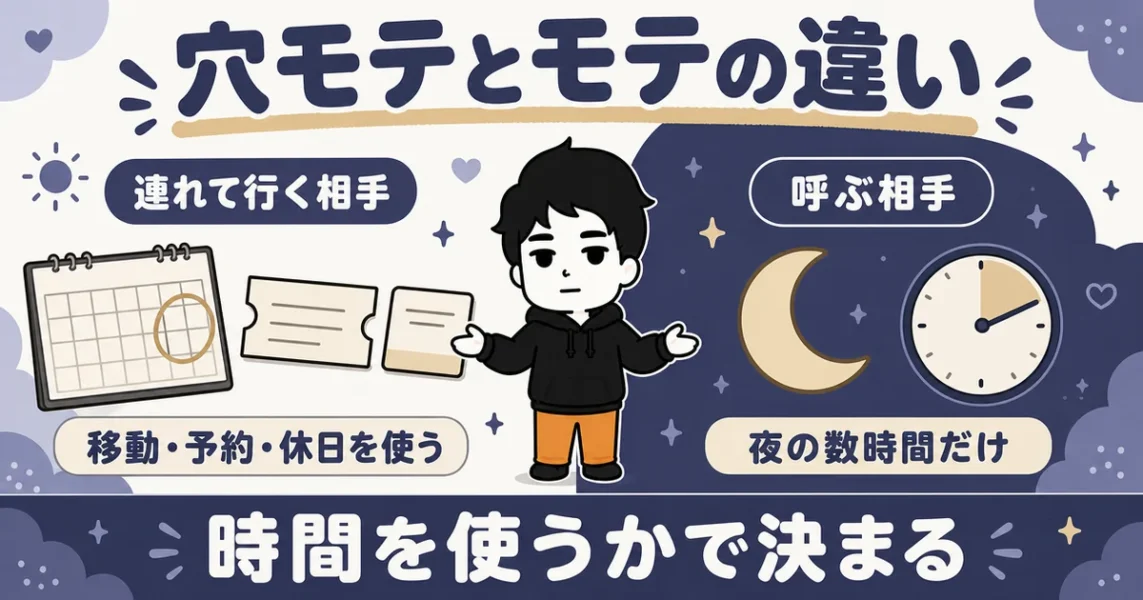 穴モテとは何か、本命のモテとの違いを時間の使い方で比べた図
