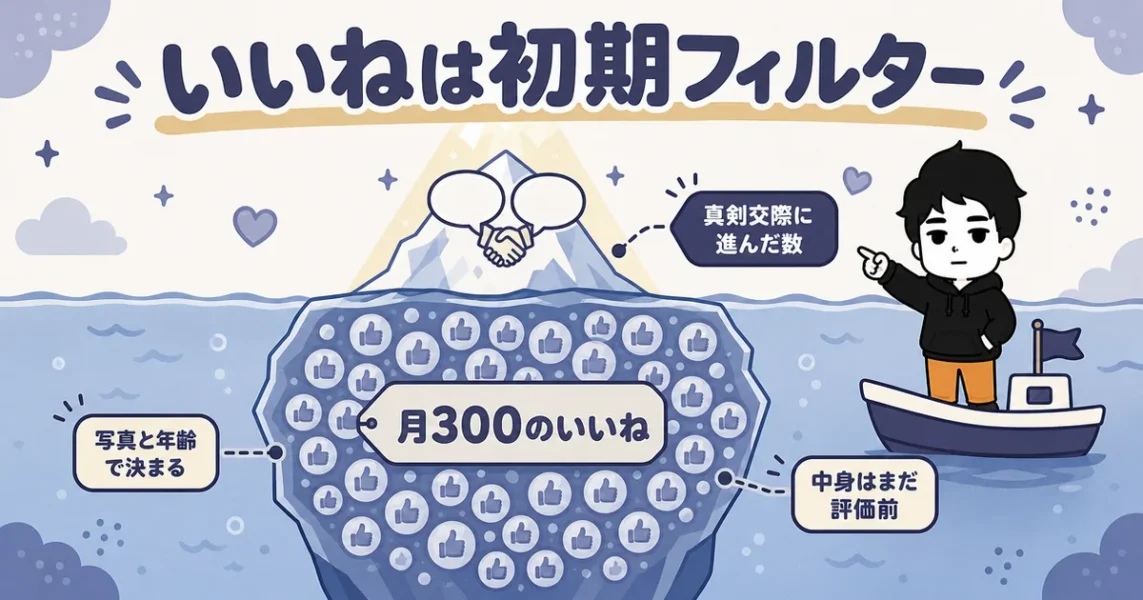 穴モテの勘違い：いいね数はモテ度ではなく初期フィルターだと示す氷山の図