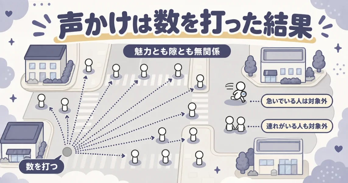 穴モテの勘違い：ナンパは魅力の証明ではなく数を打った結果だと示す俯瞰図