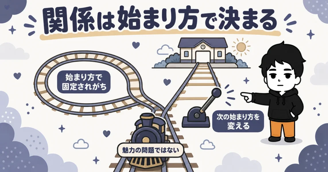 穴モテの末路を避けるには関係の始まり方を変えること、を線路の分岐で示す図