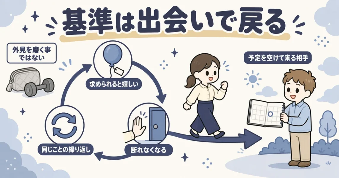 穴モテで自己肯定感が崩れる循環と、基準が戻るきっかけを示す図