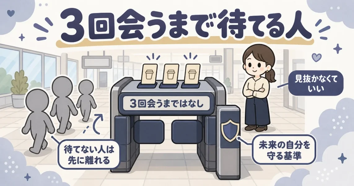 穴モテから抜け出す方法：3回会うまで待てる相手だけが残る仕組みを示す図
