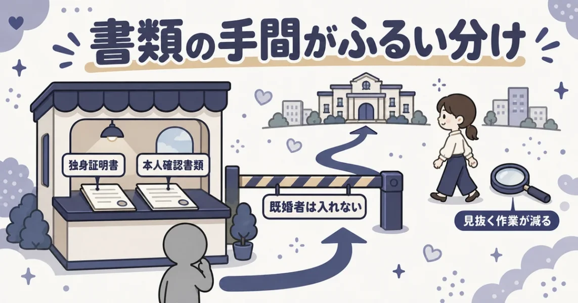 結婚相談所は独身証明書の提出が必須で遊び目的が入りにくい理由を示す図