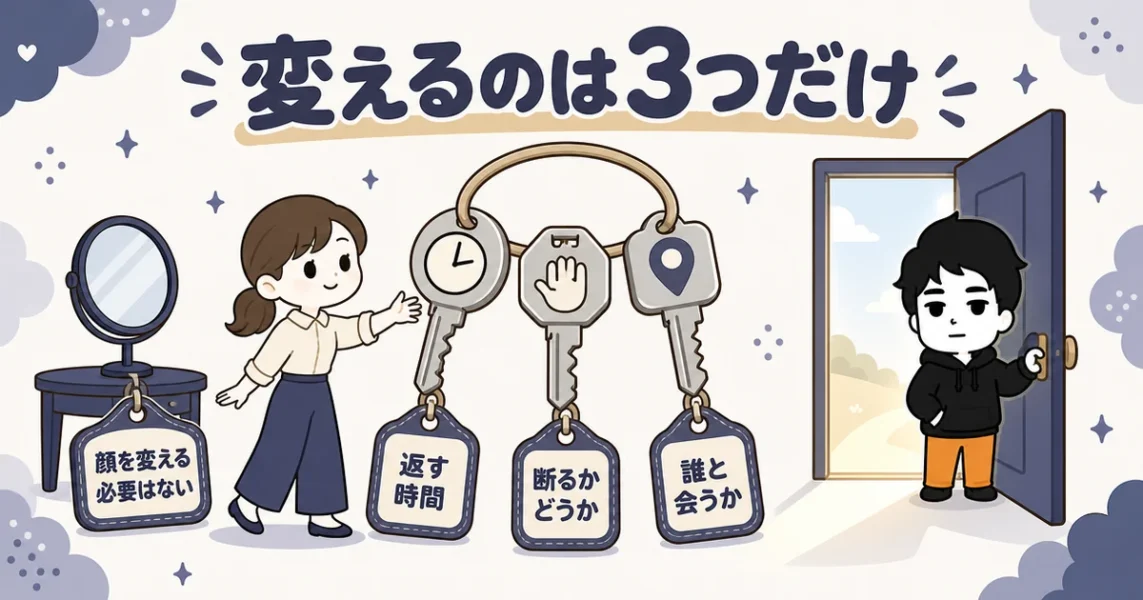 穴モテまとめ：顔を変えずに卒業するために変える3つのことを鍵で示した図