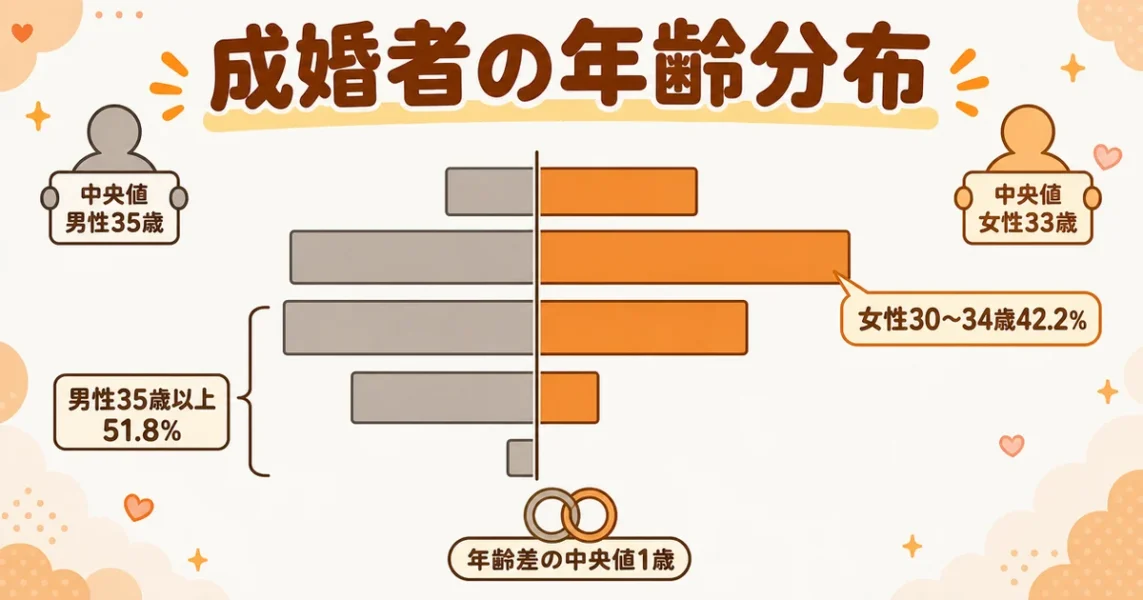 アスマリで成婚した人の年齢。中央値は男性35歳・女性33歳、女性は30〜34歳が最多