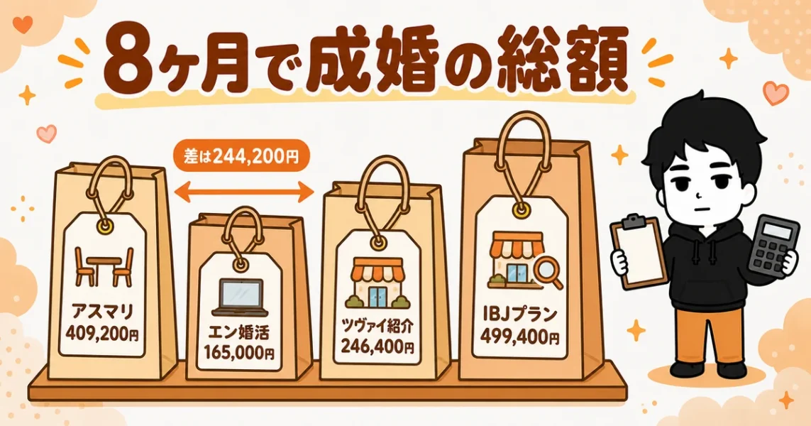 アスマリと他社の総額比較。8ヶ月で成婚ならアスマリ409,200円、エン婚活165,000円
