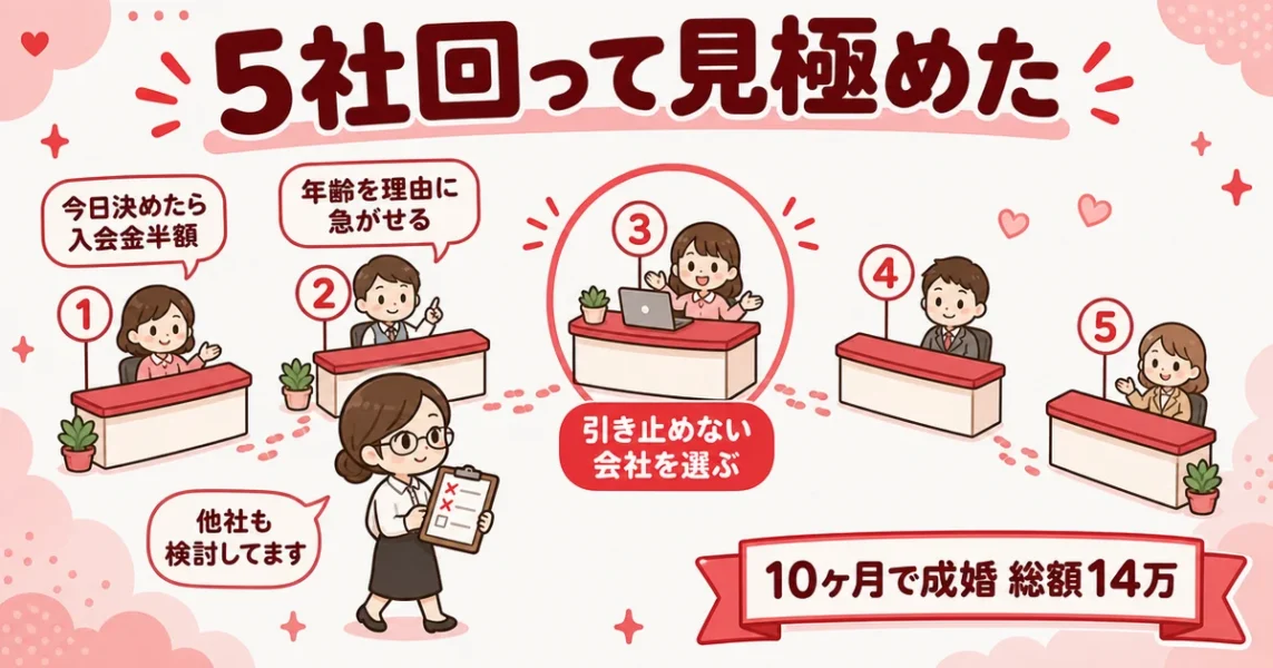 結婚相談所の無料相談を5社比較した体験談｜Kさん36歳は10ヶ月・総額14万で成婚