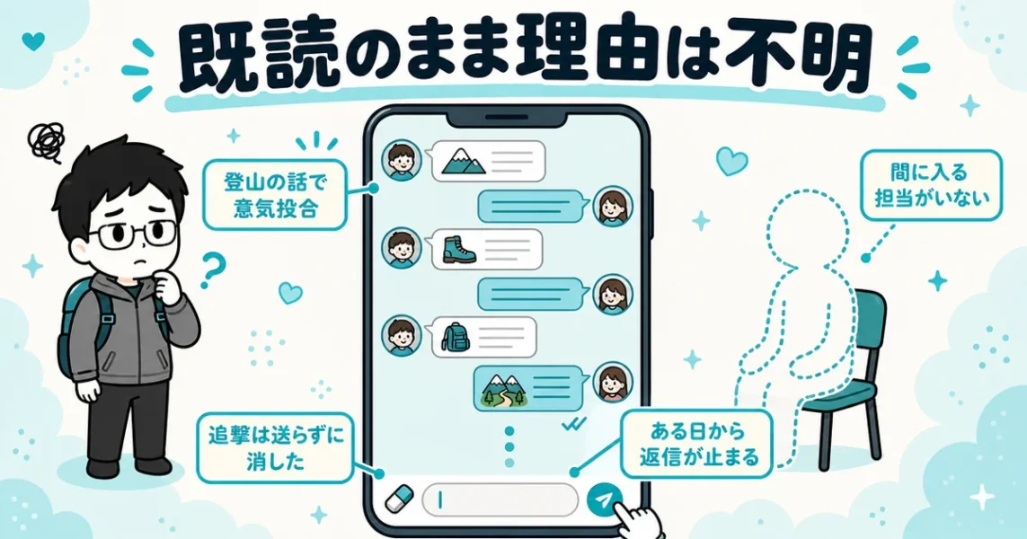 ブライダルネットの体験談。登山の話で盛り上がった相手から既読のまま返信が途絶えた34歳男性の図