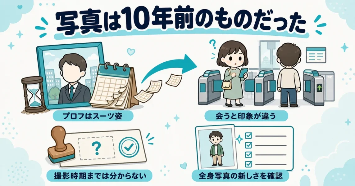 ブライダルネットの体験談。プロフィール写真が10年前のもので、会うと印象が違った31歳女性の図
