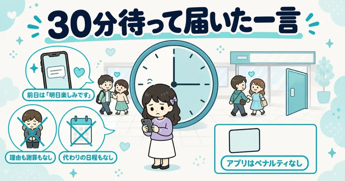 ブライダルネットの体験談。待ち合わせで30分待ち、LINE一通でドタキャンされた女性の場面の図