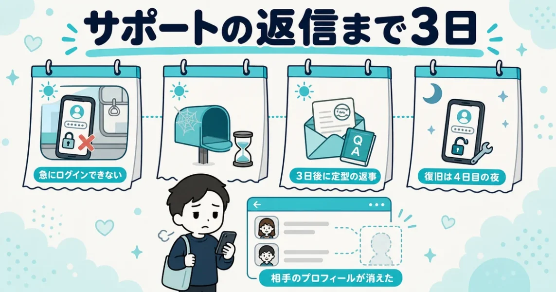 ブライダルネットの体験談。ログイン不具合でサポートの返信まで3日、復旧まで4日かかった流れの図