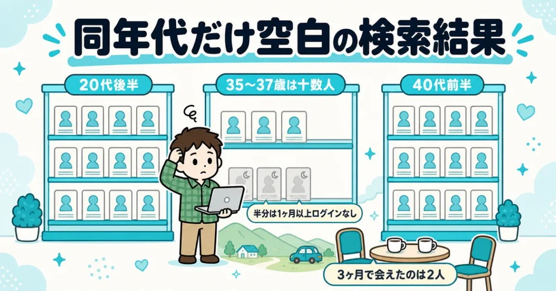 ブライダルネットの体験談。地方で検索すると同年代の35〜37歳だけ少なかった35歳男性の検索結果の図