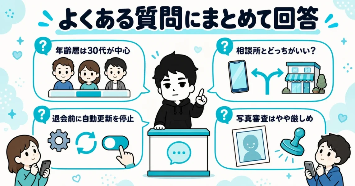 ブライダルネットのひどい口コミ評判のよくある質問。年齢層や結婚相談所との違い、退会方法に答える図