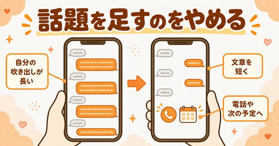 マッチングアプリで話題が一方的になったときの対処(文章を短くして電話や予定へ)の図解