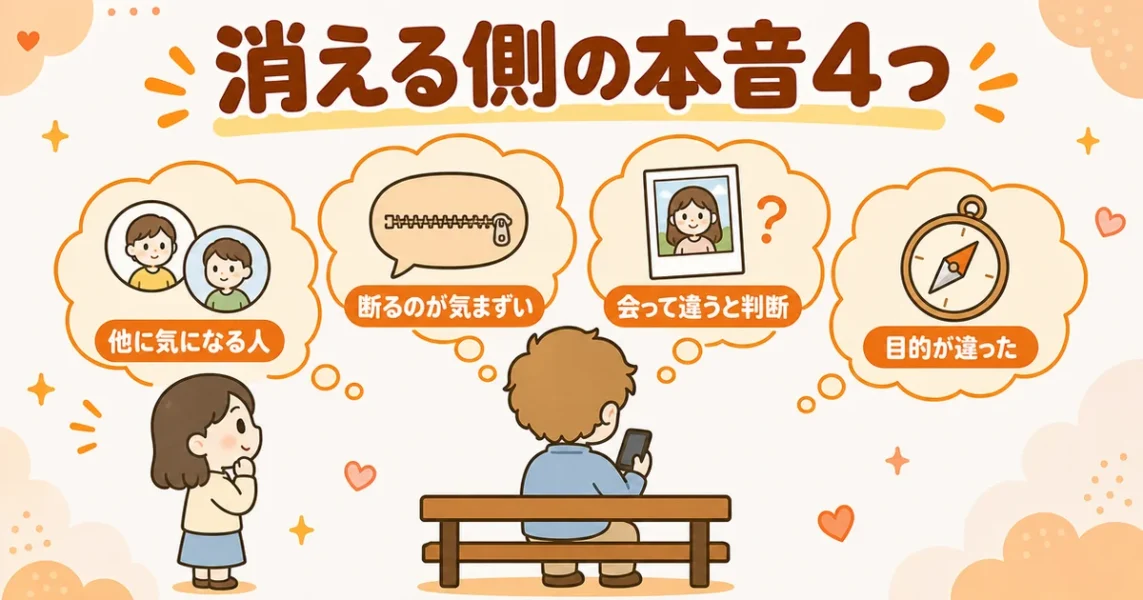 マッチングアプリで会った後にフェードアウトする男性の本音と心理4つをまとめた図解