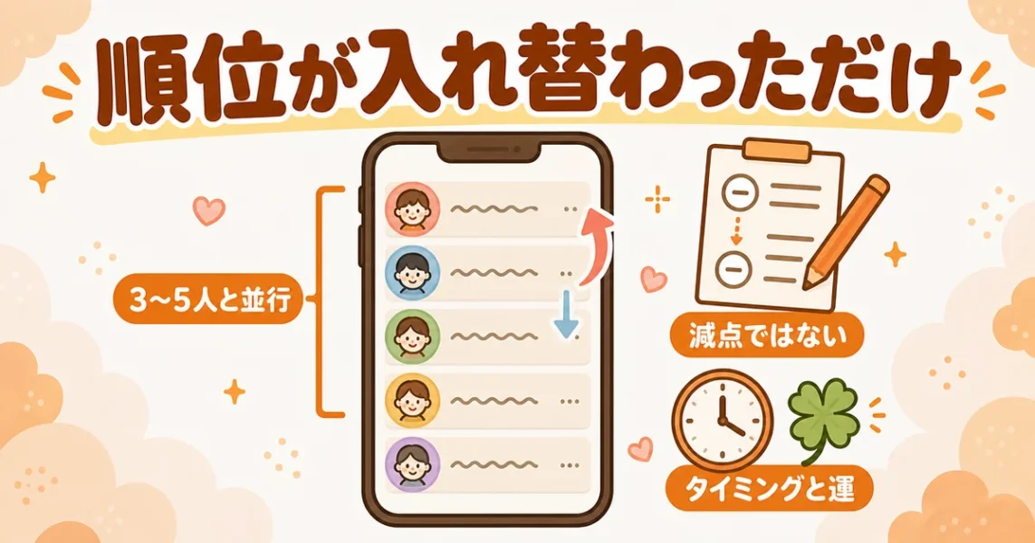 マッチングアプリで他に気になる人ができてフェードアウトする仕組み(同時進行で順位が入れ替わる)の図