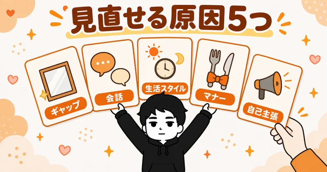 マッチングアプリで会った後にフェードアウトされる原因5選を5枚のカードで示した図解