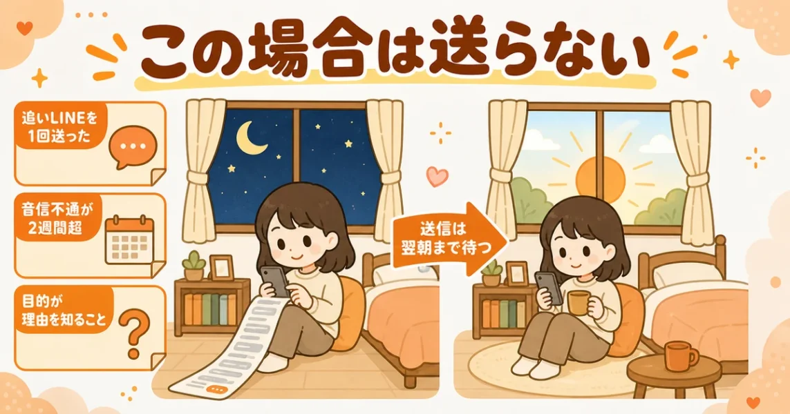 フェードアウトされた相手に追いLINEを送らない方がいい場合と翌朝まで待つ対処の図解