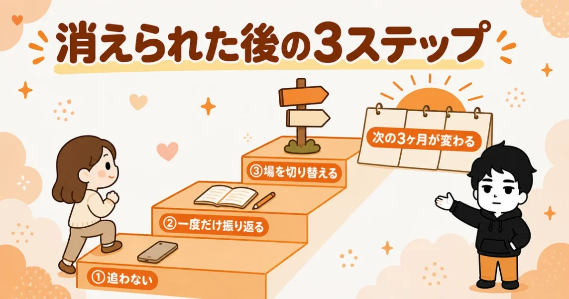マッチングアプリでフェードアウトされた後にすべき3つの行動を階段で示した図解