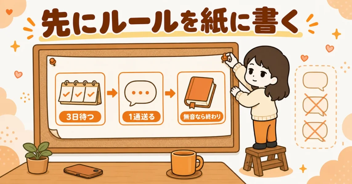 フェードアウトされた後は無理に追わず1回で終わりにするルールを紙に書いた図解