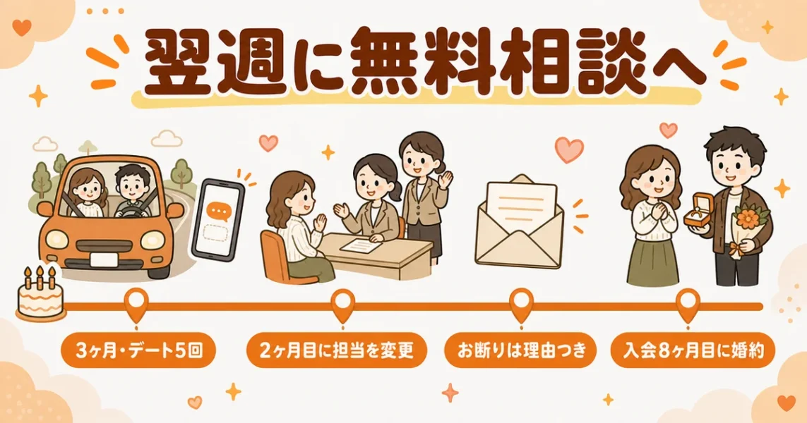フェードアウトがきっかけで結婚相談所に入り8ヶ月後に婚約した30歳事務女性の体験談の年表