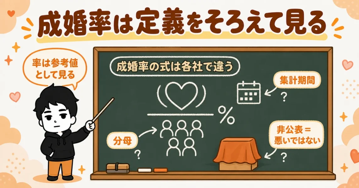 IBJ加盟店の成婚率ランキングの注意点。成婚率は各社で分母や集計期間の定義が違うことの図解