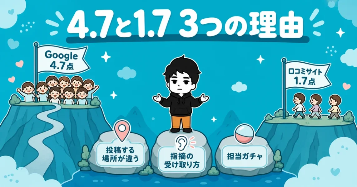 イノセントの評判がGoogle4.7点と口コミサイト1.7点に割れる3つの理由の図解