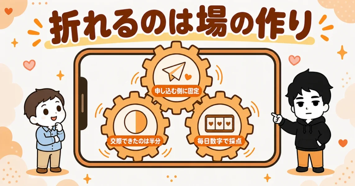 マッチングアプリで心折れる男が続出する3つの構造(申し込む側・交際は半分・数字で採点)の図