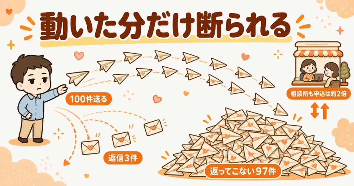 マッチングアプリで男は申し込む側に固定され、100件送って返信3件という構造を示す図