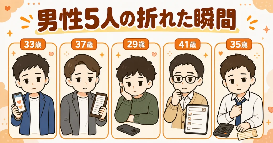 マチアプで心が折れる瞬間を語った男性5人(29歳〜41歳)の体験談の紹介図
