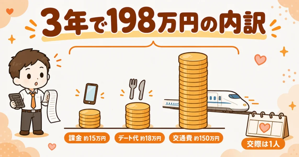 マッチングアプリに3年で198万円使った35歳男性の体験談、課金・デート代・交通費の内訳図