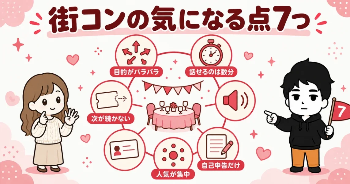 街コンがやめとけと言われる理由7選を1枚にまとめた図(目的・時間・自己申告・人気の偏りなど)