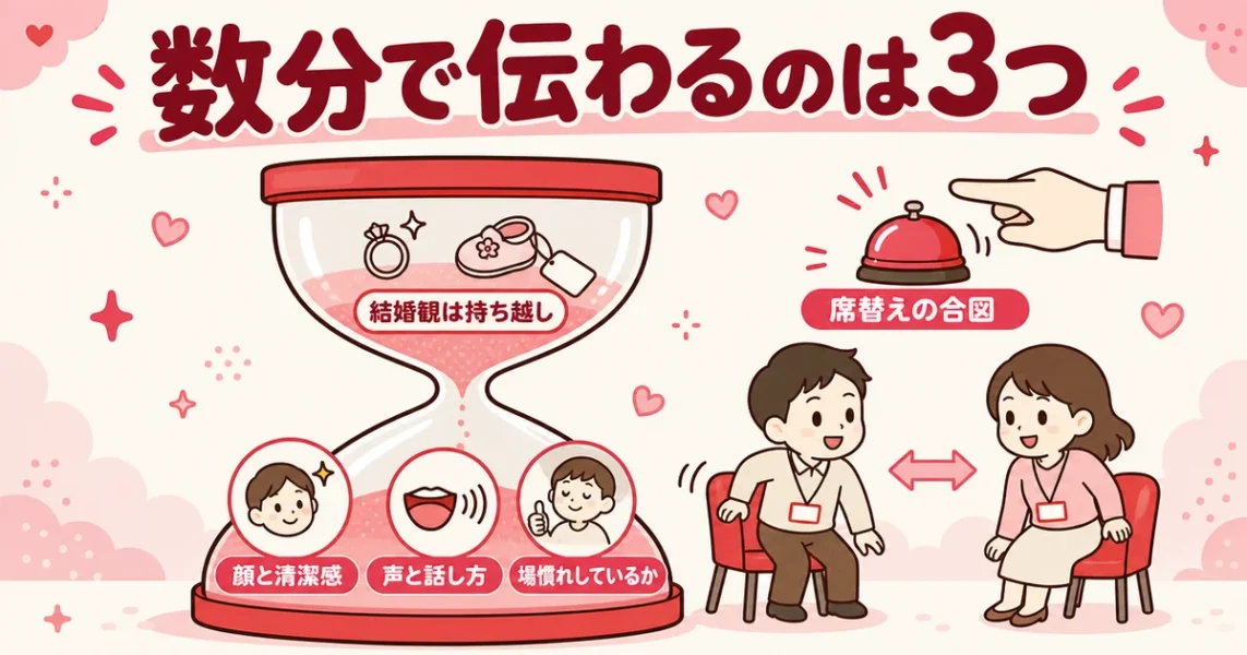 街コンは一人と話せる時間が短い|数分で伝わる3つと持ち越しになる結婚観を砂時計で示した図