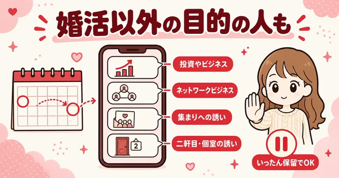 街コンに勧誘や体目的が紛れ込むパターン4つと、誘われたら保留にする対応の図