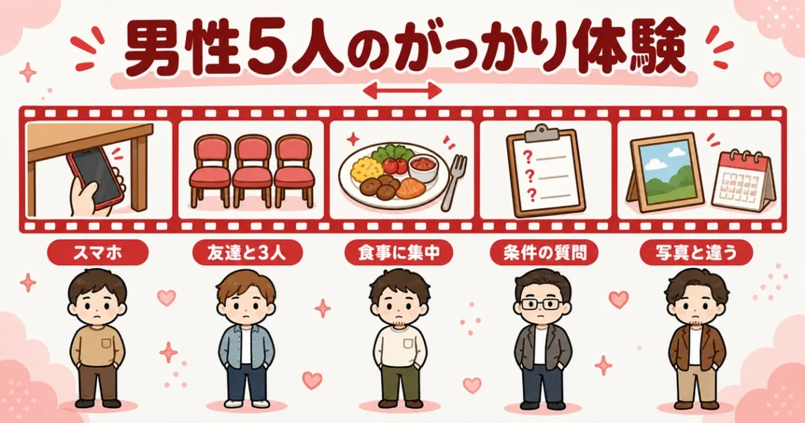 街コンに来る女性のレベルは?男性5人が幻滅した5つの瞬間をフィルム風に並べた図