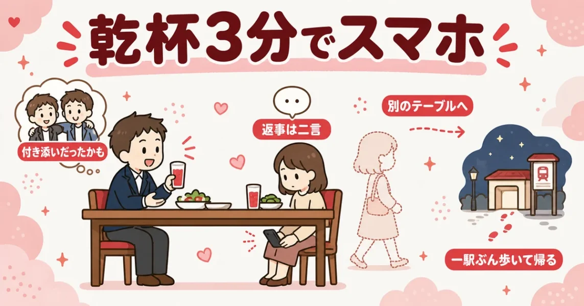 街コンでずっとスマホを見ていた女性に幻滅した32歳男性の体験談をテーブルの場面で表した図
