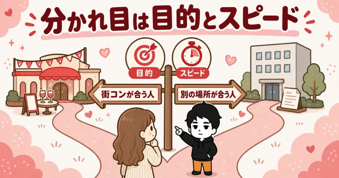 街コンが向いている人・やめたほうがいい人の分かれ目は目的とスピード、という分かれ道の図