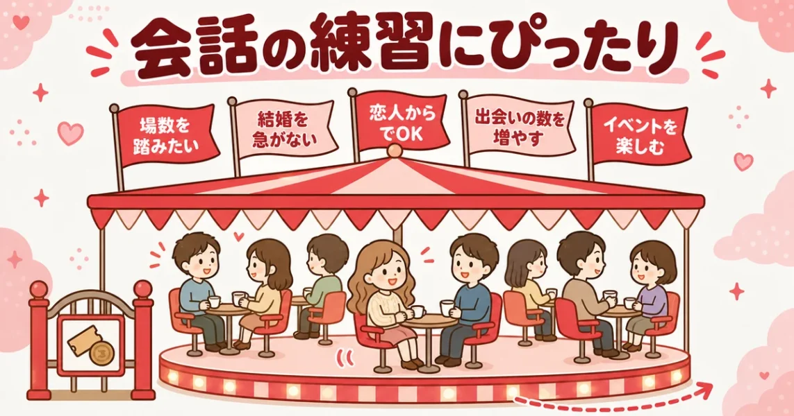 街コンが向いている人の特徴5つ|会話の場数を踏みたい人に合うことを回転席で表した図