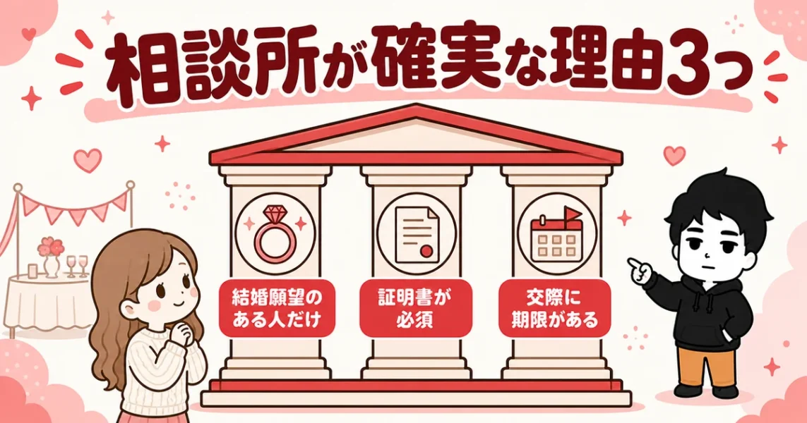 本気で婚活するなら街コンよりも結婚相談所のほうが確実な3つの理由を3本柱で示した図