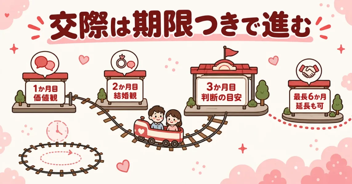 結婚相談所は交際期間にリミットがあるので効率的|1か月目から最長6か月までの進み方の図