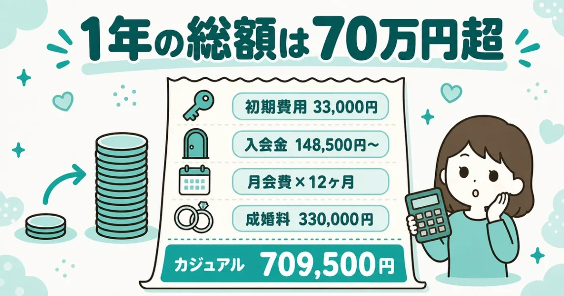 ムスベルの料金総額の内訳。1年で成婚した場合カジュアルで70万円超になる明細