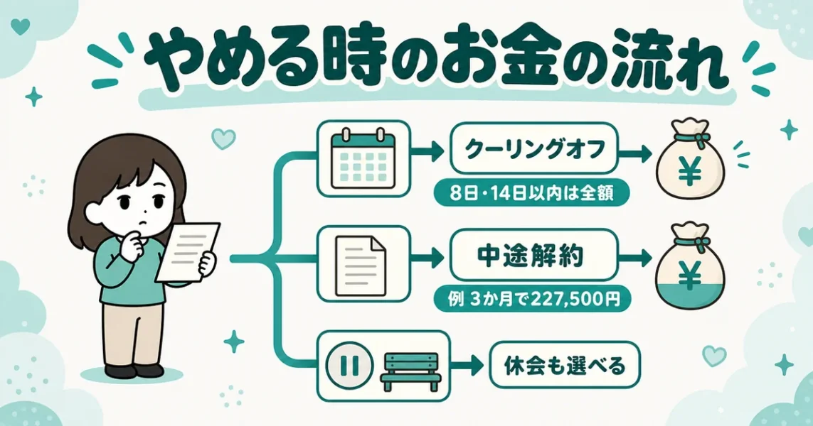 ムスベルを辞めたい時のクーリングオフ・中途解約の返金例・休会の3つの流れ