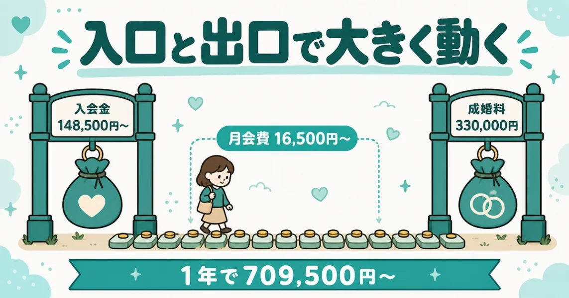 ムスベルの料金は入会金と成婚料が大きく、1年で70万円を超える仕組みの図解