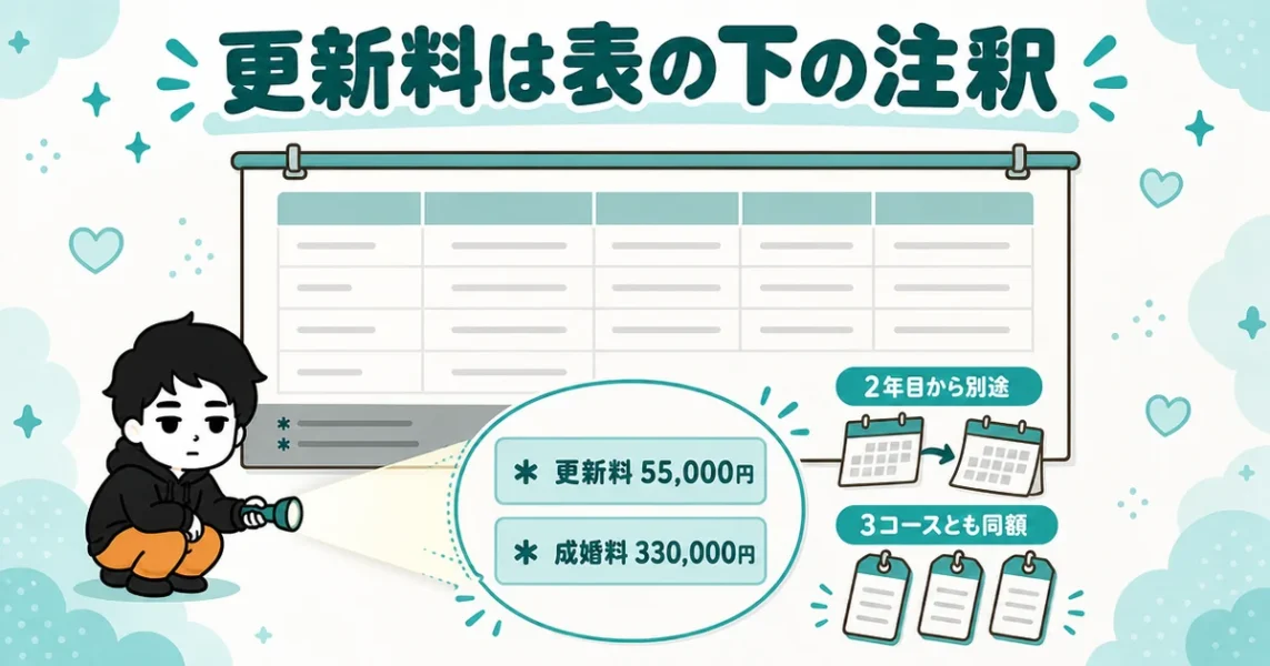 ムスベルの更新料55,000円と成婚料は料金表の下の注釈に書かれている図解