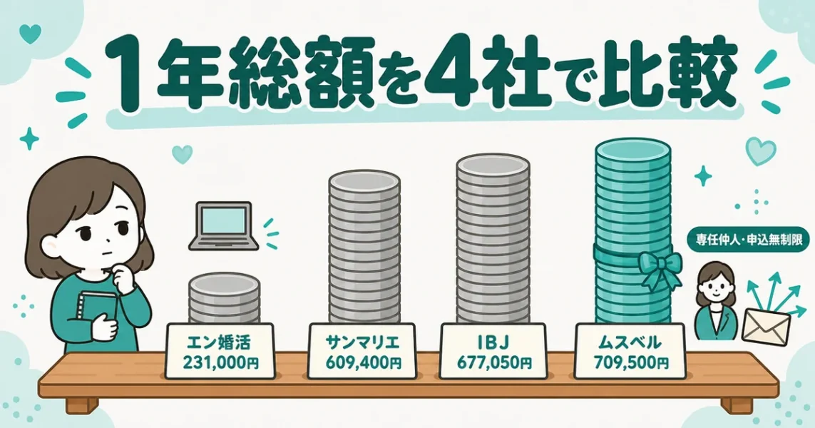 ムスベルの料金を他社の結婚相談所3社と1年総額で比較した図解