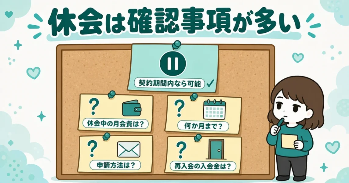 ムスベルの休会制度は契約期間内なら可能。月会費や期間は要確認という図解