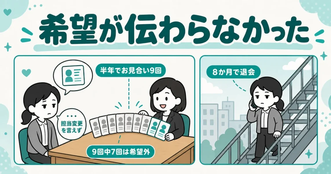 ムスベル体験談。34歳女性が仲人と相性が合わず8か月で退会した口コミの図