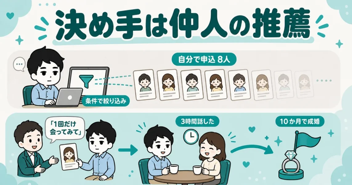 ムスベル体験談。36歳男性が仲人推薦の相手と10か月で成婚した口コミの図