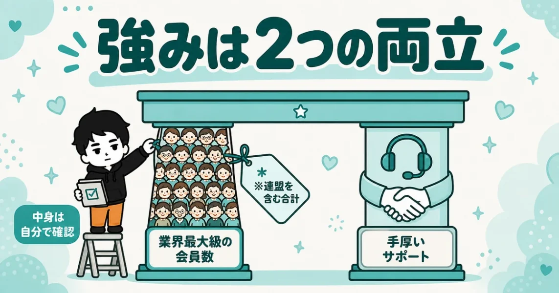 ムスベルの一番の強みは業界最大級の会員数と手厚いサポートの両立という図解